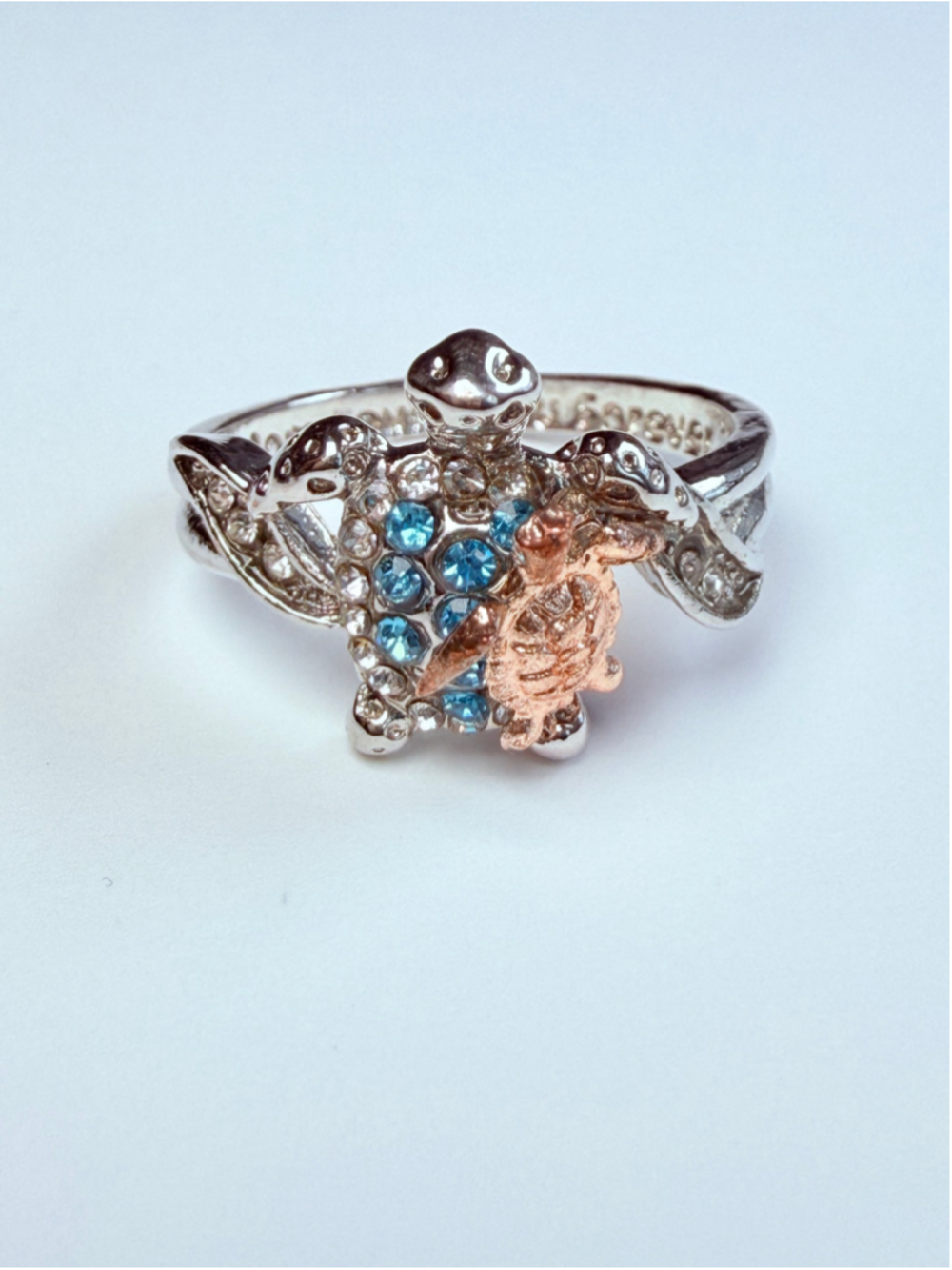 Sea Turtle Aquamarine Rhinestone Mom Loves You Forever 925 Sterling Silver Ring